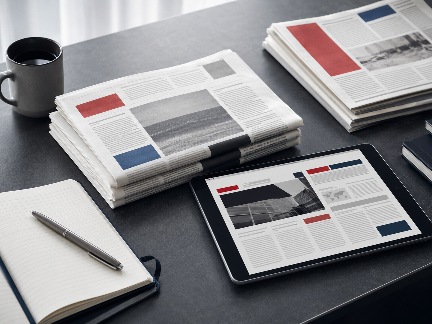 Journaux imprimés et tablette illustrant la presse papier et numérique