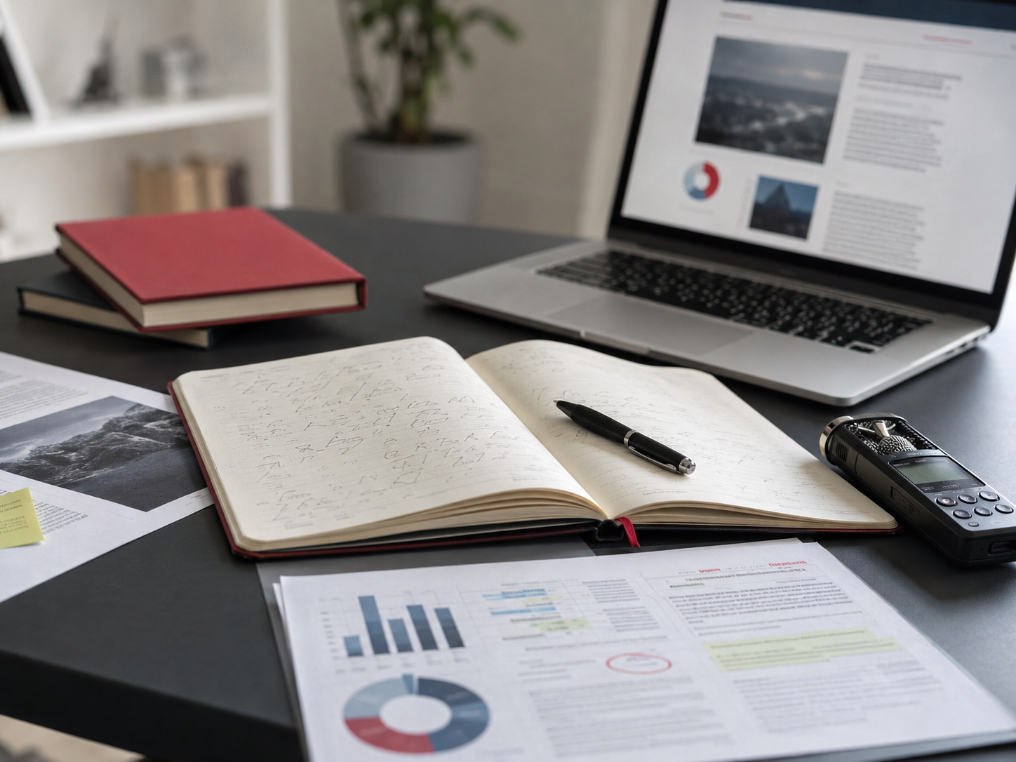 Carnet de notes, documents et enregistreur illustrant le travail de vérification journalistique